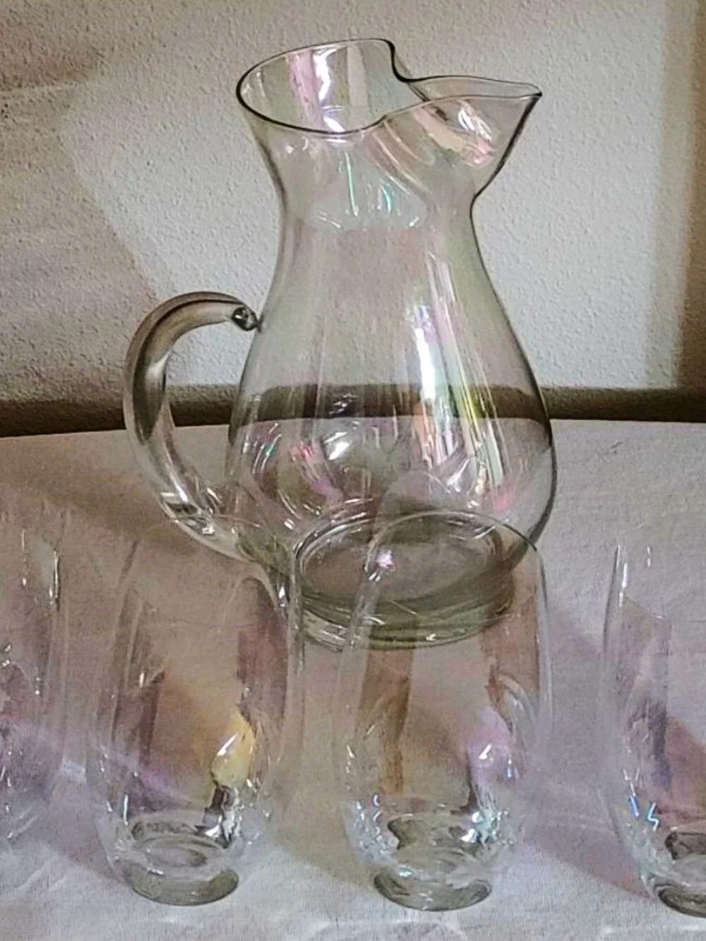 Vtg. Iridescent Aurora Borealis Glass Pitcher 80 Oz & 4 Tumblers 18 Oz 5 Pc Set